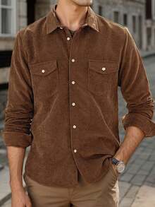 hoteel Men's Casual Multi-Pocket Solid Color Corduroy Button-Down Shirt, Men's Slim And Comfortable Top - 棕色 - 查看 1