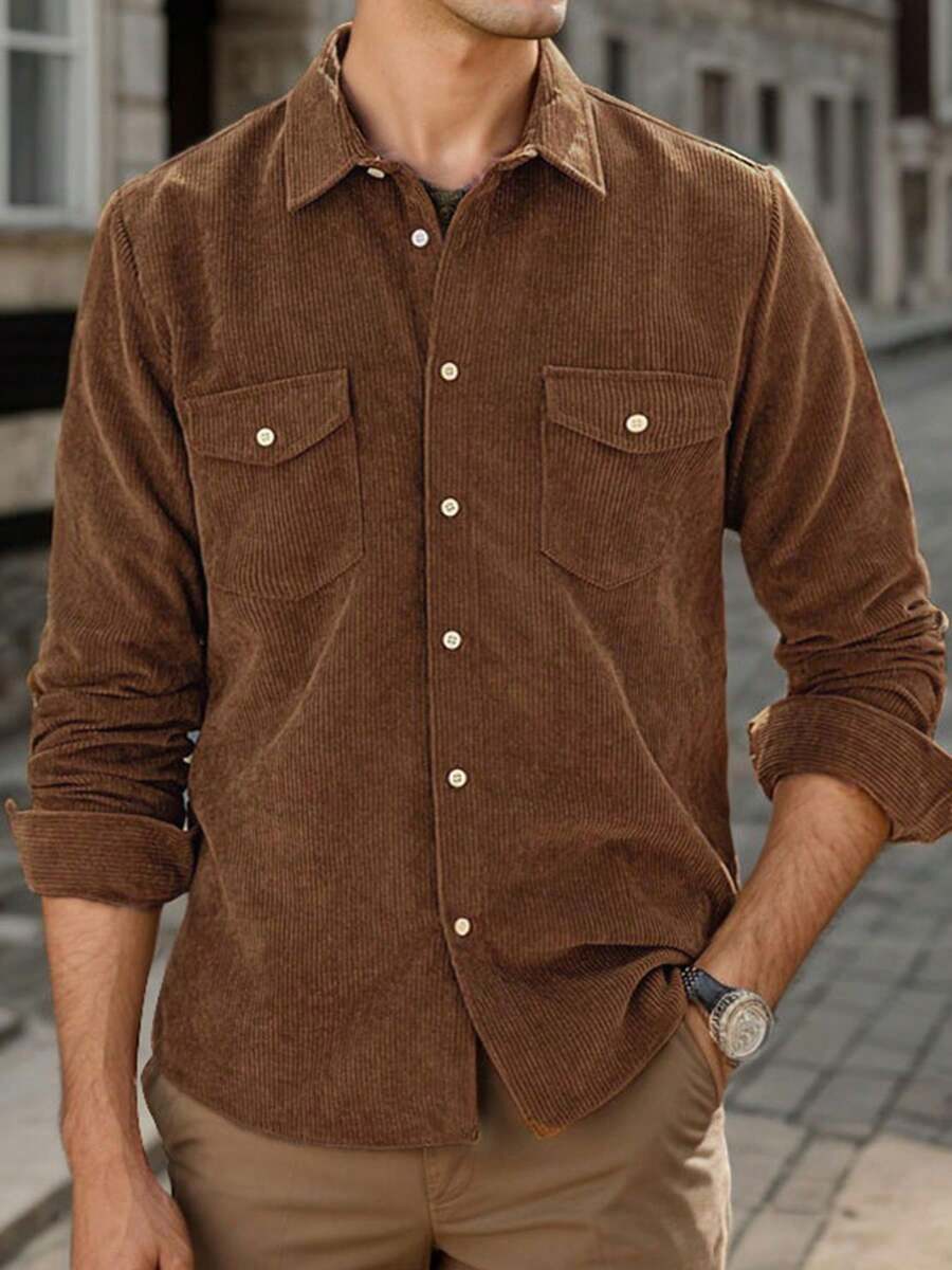 hoteel Men's Casual Multi-Pocket Solid Color Corduroy Button-Down Shirt, Men's Slim And Comfortable Top - 棕色 - 查看 1
