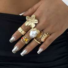 6pcs Vintage Elegant Fashion Metallic Antique Coin, Baroque Faux Pearl Flower, Metal Hollow Line Inlaid Colorful Gem Adjustable Cocktail Ring Set. Stylish, Versatile, High-End Multi-Piece Stacking Rings, Suitable For Ladies Summer Beach Party, Wedding, Anniversary, Valentine's Day Gift