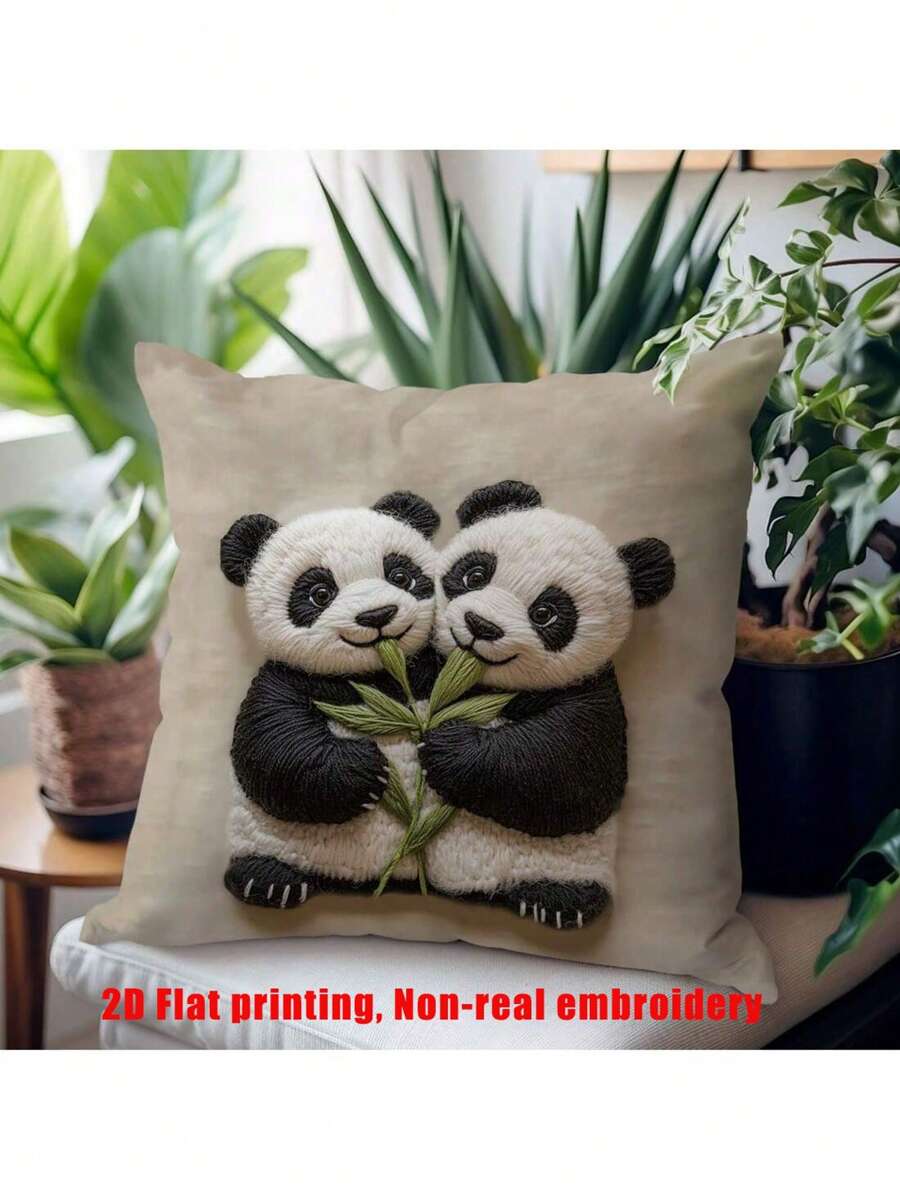 [2D flache Bedruckung] 1 Stück 17,7*17,7 Zoll (45*45 cm) [Nicht Stickerei] 2D bedruckter Panda imitiertes Stickereimuster Kissenbezug [einseitig Muster][2D flache Bedruckung, keine echte Stickerei] [Kissenfüllung nicht enthalten] Polyester dekorativer Kissenbezug für Zuhause, Couch, Sofa, Schlafzimmer, Autodekor