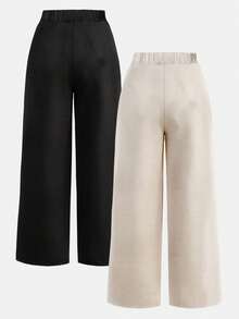 2pcs/Set Tween Girls' Solid Color Straight Leg Casual Sports Pants - Black - View 4