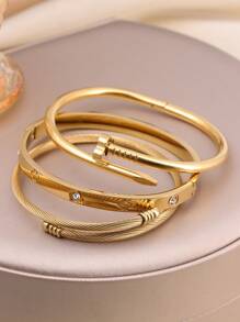 Set de 3 piezas Brazalete de mujer con cierre de zirconia con forma de flor de acero inoxidable de alta calidad, conjunto de joyería adecuado para uso diario