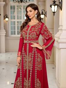 JINLICX Luxury Red Gold Beaded Embroidery Kaftan Maxi Dress, Round Neck Flare Long Sleeve Modest Evening Gown For Wedding, Ramadan Gala - Burgundy - View 7