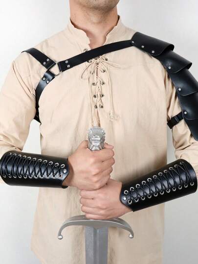 3PCs Medieval Renaissance Knight Half Shoulder Faux Leather Cape Shawl And Wristband For Viking Faire LARP Cosplay Costumes