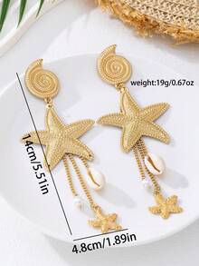 1 Cặp bông tai tua rua hình sao biển, ngọc trai, vỏ sò, cua phong cách đại dương màu vàng kim loại, phù hợp với trang phục thường ngày và ngày lễ của phụ nữ - Vàng - Xem 4