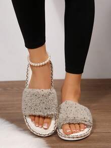 女士简约时尚拖鞋，圆头，舒适保暖，一脚蹬休闲室内/室外家居拖鞋，毛皮拖鞋，适合秋冬季