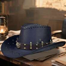 Retro Carnival Cowgirl Hat For Women Men Bullet Belt Wide Brim Western Cap With Windproof Rope - Black - View 3