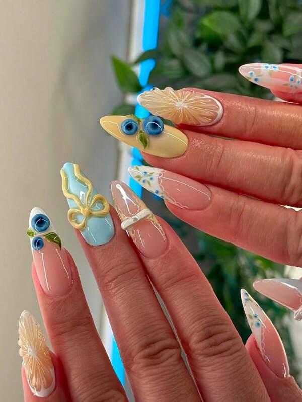 24 Pcs Of Almond-Shaped Press On Acrylic Nails Polish Gift Box, Summer Fruit Colorful Blueberry Green Leaves French Edge Fresh Macaron Color Sweet Creative Style Nail Polish Lace Edge Three-Dimensional Bow Light Yellow Big Butterfly Three-Dimensional Glue Travel, Party Beach Essentials Fake Nails With Jelly Glue 1 Piece File Strip 1