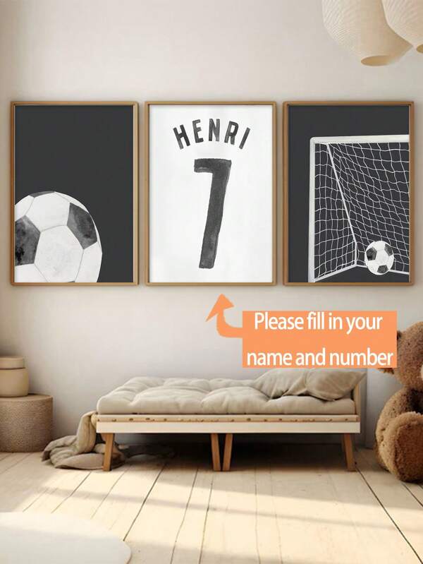 3pcs Soccer Wall Arts, Boys Bedroom Decor, Soccer Posters, Set Of 3, Sport Gift, Custom Name And Number