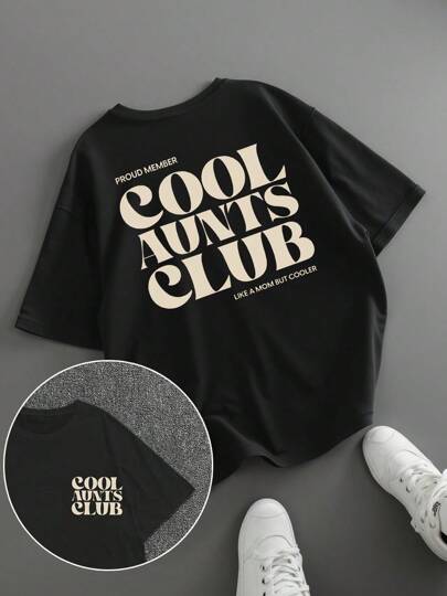 Plus Size Women's Loose Fit Printed T-Shirt, "Cool Aunt Club" Letter Print, Mother's Day Gift