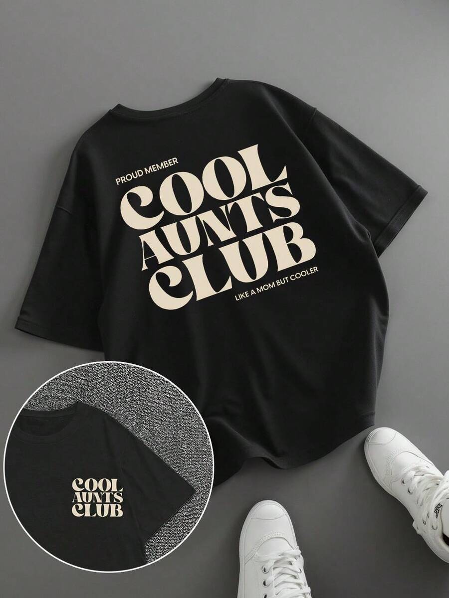 Áo thun nữ cỡ lớn dáng rộng in chữ "Cool Aunt Club", quà tặng Ngày của Mẹ, màu đen, thích hợp mặc mùa hè. - màu đen - Xem 1