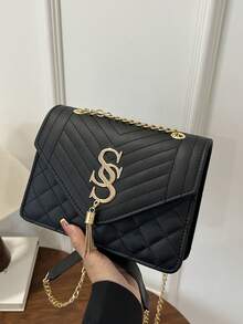 Seam Chain SS Jewelry Square Shoulder Bag Oblique Shoulder Bag - Black - View 9