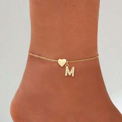 1pc Classic Simple Pave Zirconia Initial Heart Golden Stainless Steel Chain Anklet For Women
