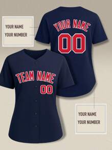 Women's Solid Color Custom Baseball Jersey Double-Sided Printed, Navy Blue Baseball Shirts Uniform Personalized Team Name Number, Baseball Jersey T-Shirt Gift For Mom, 100% Polyester