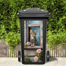 1 Stück Tabby Kätzchen & Rosa Rose Outdoor Mülleimer Aufkleber, herzerwärmende Tier Dekor Aufkleber, wasserfest Abfalleimer Kunst für Garten & Terrasse, UV-beständige Heim- und Gartendekoration, strapazierfähiger selbstklebender Vinyl-Aufkleber, ästhetischer Mülltonnen-Aufkleber, für Schulmaterial, Schulanfang