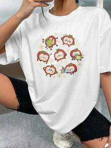 Oversized Sunny Apple Graphic Tee, Love And Deepspace Caleb, Soft Cotton Shirt For Otome Lovers, Casual Wear, Spring Fashion, Fun And Playful Design Unisex Short Sleeve Classic Heavy Cotton T Shirt Printed Graphic Tee Women's Casual Short-Sleeved Summer Top - 白色 - 查看 1