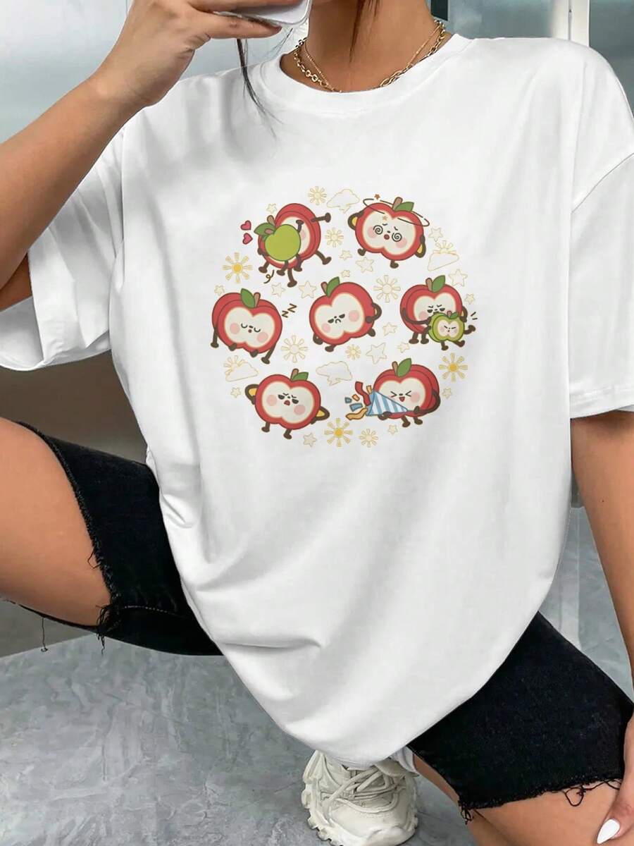 Oversized Sunny Apple Graphic Tee, Love And Deepspace Caleb, Soft Cotton Shirt For Otome Lovers, Casual Wear, Spring Fashion, Fun And Playful Design Unisex Short Sleeve Classic Heavy Cotton T Shirt Printed Graphic Tee Women's Casual Short-Sleeved Summer Top - 白色 - 查看 1