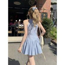 A Sweet And Spicy Blue Halter-Neck Summer Dress In French Style. Perfect For A Summer Beach Vacation, And Also Flattering For Petite Women. Features A Slimming Waist, A Short Skirt With A Ribbon Detail, A Zipper, And A Patchwork A-Line Design. - Blue - View 5