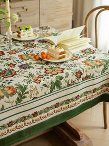 1pc Yellow Floral Jacquard Tablecloth With Green Trim, Suitable For Kitchen, Dinning Table, TV Stand, Holidays, Birthday Parties, Dinner Events, Home Decor, Photoshoot Background - Multicolor - View 6