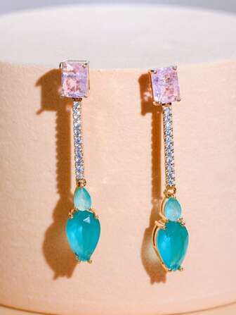 1 par de pendientes largos colgantes con baño de oro, piedras de circonita cúbica en rosa y azul claro, con poste de plata de ley 925 - joyas y accesorios para mujeres para compromiso, banquete, fiesta, baile de graduación, novias y damas de honor