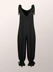 Women's Casual Solid Color Knotted Camisole Harem Pants, Suitable For Dates And Vacations