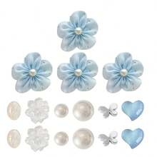 16pcs Pale Blue Fairy Style Shoe Charms, Cloth Flower + Pearl Crystal, Make Everyday Outfit Sweeter - Baby Blue - View 1