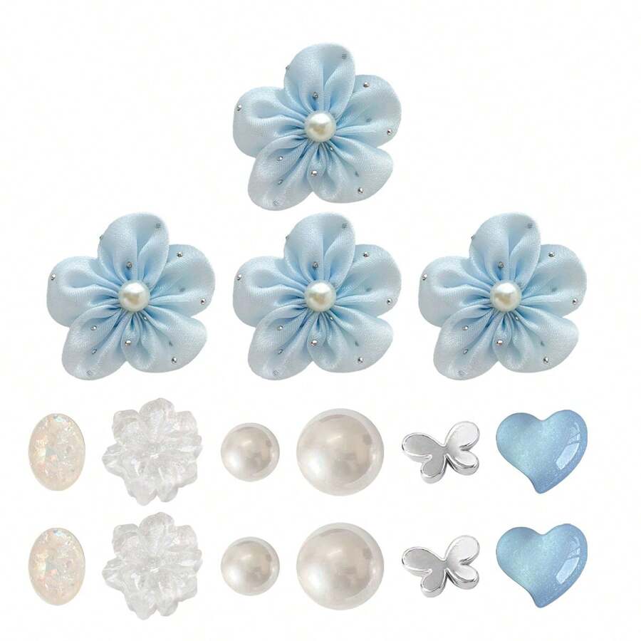 16pcs Pale Blue Fairy Style Shoe Charms, Cloth Flower + Pearl Crystal, Make Everyday Outfit Sweeter - Baby Blue - View 1