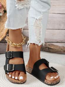 Women's Comfortable Adjustable Strap Slip-On Sandals With Soft Cork Insole,Spring Summer Outfits - Black - View 6