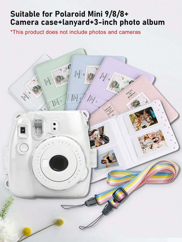 Adecuado para Mini 8/8+/9 Cámara Estuche protector de cristal transparente + Correa colorida universal + Álbum de fotos universal de 3 pulgadas para 64 fotos