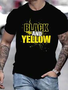Men's Black Short-Sleeve T-Shirt With Bold "BLACK AND YELLOW" Splatter Graphic Design – Vibrant Yellow Lettering, Round Neck, Cotton Summer Tee For Street Style - 黑色 - 查看 2