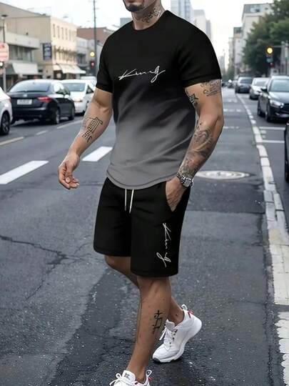 Conjunto de dos piezas informal de verano para hombre, camiseta de manga corta con monograma degradado y pantalones cortos