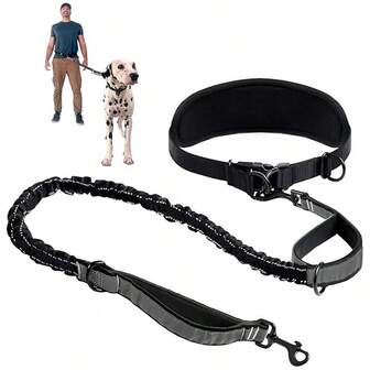 Hands-Free Reflective Dog Leash With Adjustable Padded Waist Belt - 50-72in Bungee Leash, Dual Comfort Handles For Outdoor Running, Cycling, Walking & Night Running