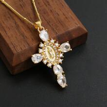 1 Pc Vintage Oval Virgin Mary Cubic Zirconia Cross Pendant Necklace Copper Jewelry