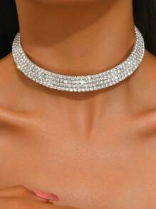 1pc Luxury Party Open Choker Necklace With Double Row Rhinestone & Zirconia Decor