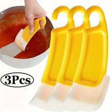 3pcs Silicone Kitchen Scraper Set -  Non Scratch Spatula And Dishwashing Brush For Pots Pans Baking And Cake Removal - Bright Yellow Flexible Scrubbers With Ergonomic Easy Clean Design For Cooking And Cleaning