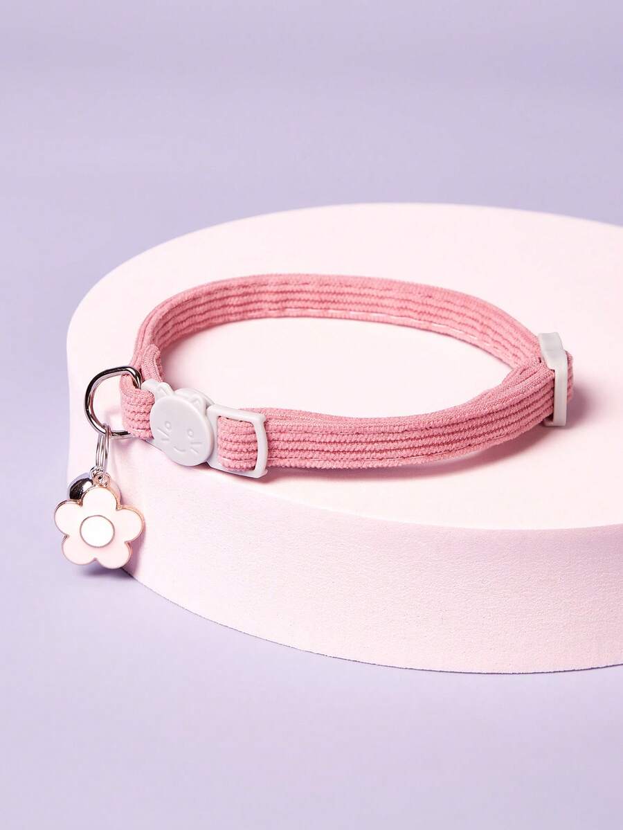 PETSIN 1pc Pink Pet Flower Pendant Collar, Adjustable With Buckle, Anti-Choking Bell Collar For Cats - Pink - View 1