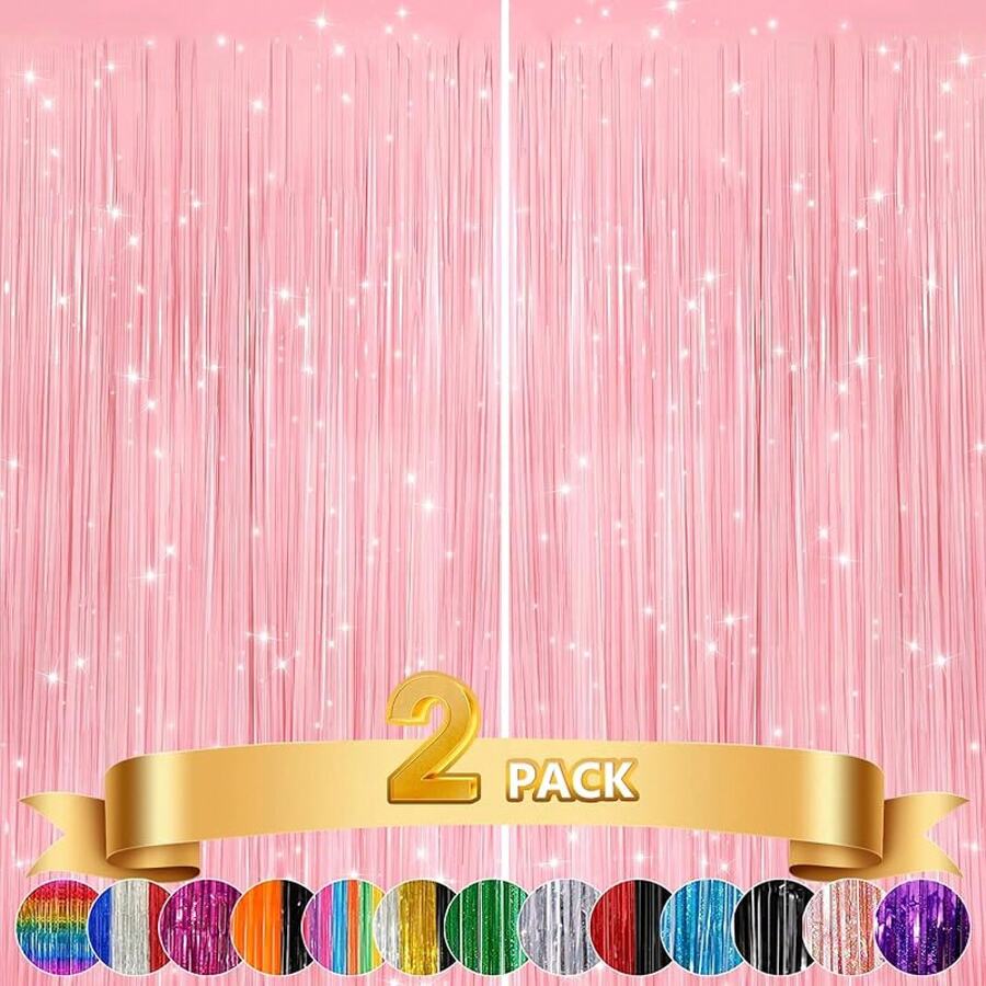 2Pack Silver Metallic Tinsel Foil Fringe Curtains, Door Streamer Photo Booth Backdrop Birthday Wedding, Graduation Engagement Bridal Shower Bachelorette Party Decorations Dancing Ball Party - 2包馬卡龍粉紅色彩帶 - 查看 1