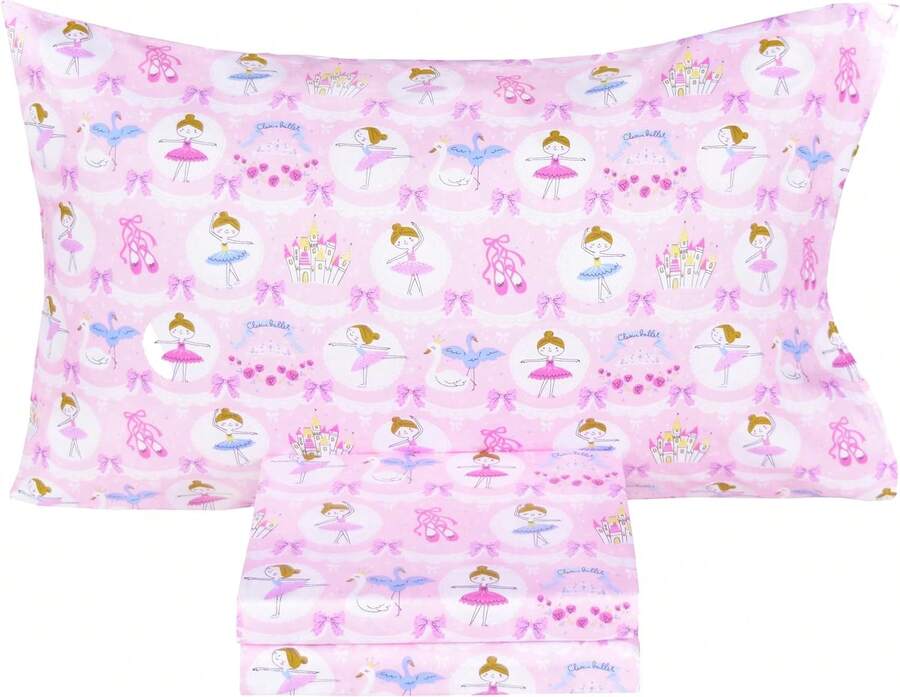 Pink Ballerina Ballet Dancer Cute Fun 100% Cotton Cozy Twin Bed Sheet Set, Flat Sheet & Fitted Sheet & Pillowcase Kids Toddler Natural Bedding Set (Girl, Twin) - 珊瑚粉 - 查看 1