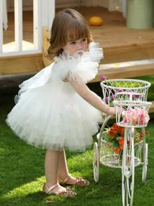 女婴白色蝴蝶袖欧根纱优雅公主裙，适合宝宝一周岁生日、婚礼、派对、节日庆典、特殊场合 - 白色 - 查看 5