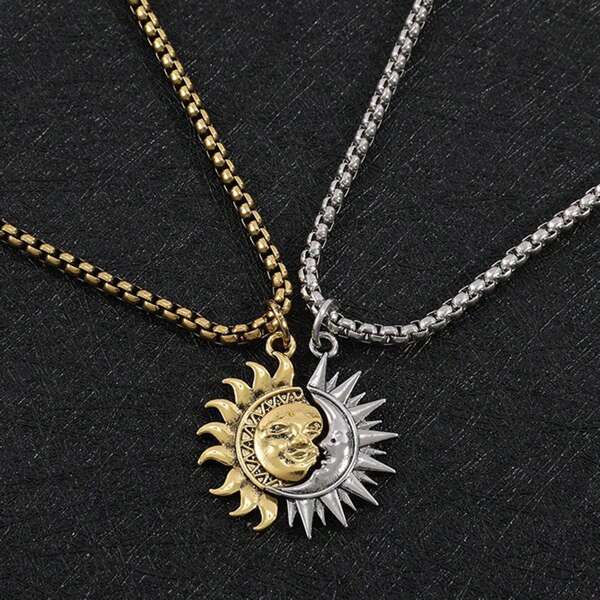 2pcs/Set Sun Moon Couple Necklace Vintage Stainless Steel Asymmetrical Necklaces Pendants For Women Goth Jewelry Chic Sun & Moon Pendant Necklaces For Couples - Titanium Steel, Golden-Tone, Versatile Fashion Accessory For Men & Women - Perfect For Parties, Festivals, Dates & Casual Attire