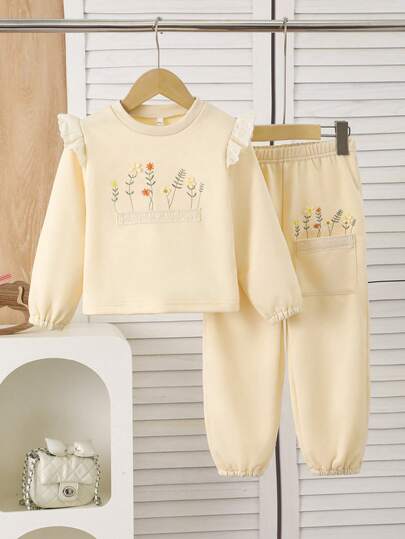 2pcs/Set Toddler Girls Floral Embroidery Long Sleeve Sweatshirt And Drawstring Pants Outfit, Casual Daily Wear, Autumn/Winter