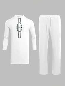 2025 New 2pcs/Set Men's White Dashiki With Black Embroidery, Casual & Simple, Long Sleeve Shirt, Round Neck, Pocket, Elastic Waist Pants, Side Slit Hem, African Clothing, Men's Casual Shirt & Pants Set, 1 Suit, Street Retro Style, Party, Date, Wedding, Cultural Event, Traditional Ceremonial - White - View 2