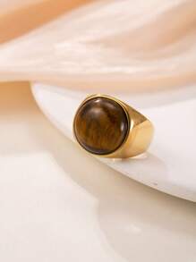 1 pieza Anillo redondo vintage de acero inoxidable con tono dorado y piedra marrón, disponible en múltiples tallas, adecuado para uso diario de mujer o como regalo