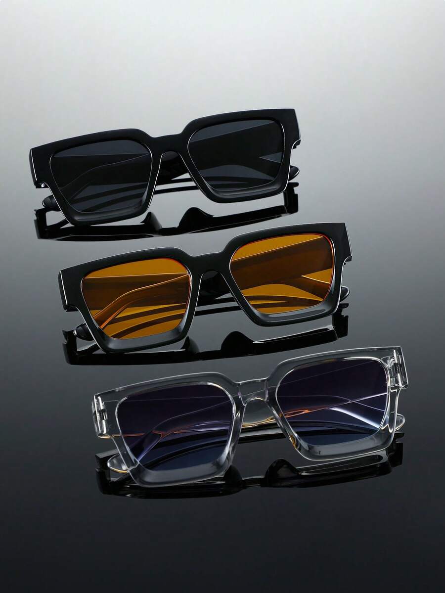 3pcs Geometric Plastic Colorful Full Frame Decorative Fashion Glasses For Men, Suitable For Summer Camping, Outdoor Travel, Fishing, Street Photography, Fashionable Accessory Fits All Face Shapes - 3pcs 透灰藍黑灰黑桔組合 - 查看 1