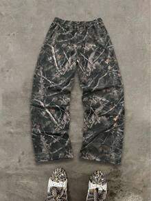 树叶和日文图案直筒运动裤，宽松版型，男女通用，街头休闲，舒适，运动慢跑裤，适合通勤 - 綠色 - 查看 2