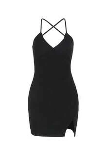 Abito a canotta da donna con scollo a V e schiena scoperta, tinta unita, basic, autunno