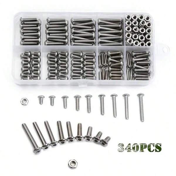 340PCS Stainless Steel Hex Socket Screws Nut Set - M3 Size - For Furniture, Car, And Construction With Box
