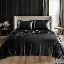 Satin Queen Sheets Set - 4 Piece Black Silky Bed Sheets Set With Deep Pocket, Luxury Silk Feel Satin Queen Size Sheet Set (1 Flat Sheet,1 Fitted Sheet,2 Pillow Cases) - 黑色 - 查看 2
