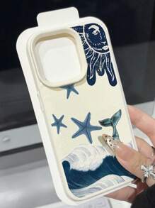 1 pieza Funda de teléfono suave, a prueba de agua y golpes, antideslizante, con patrón retro de olas y estrellas azules para teléfonos