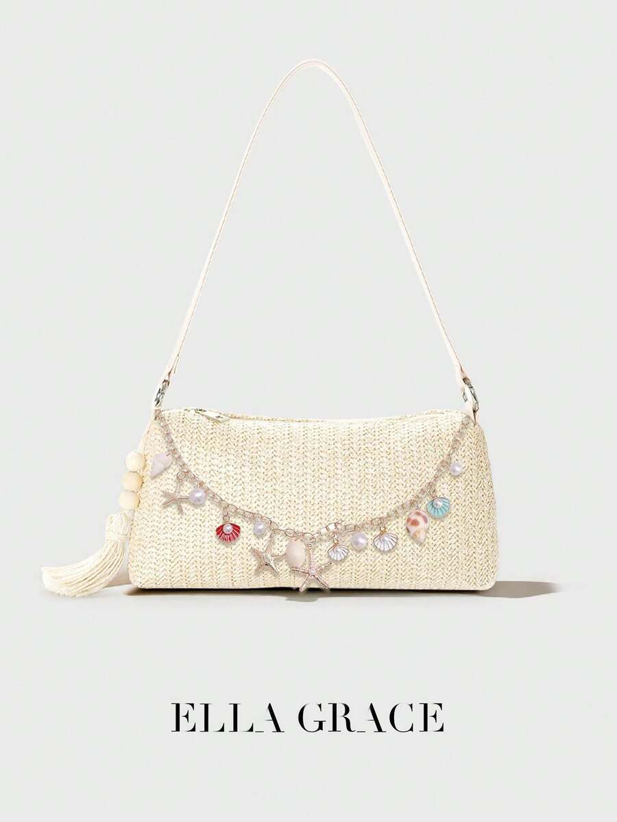 ELLA GRACE-波西米亚编织沙滩包 - 奶油色 Macrame 单肩包，配以贝壳饰物和木珠流苏，肩部设计适合度假必备品、夏季节日和休闲波西米亚风装扮 - 米色 - 查看 1